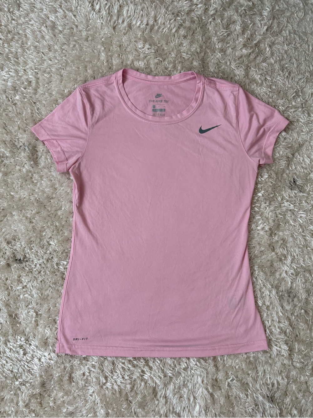 Nike Pink Dri Fit Short Sleeve Women's Performance Tee Gym Running Grey Swoosh